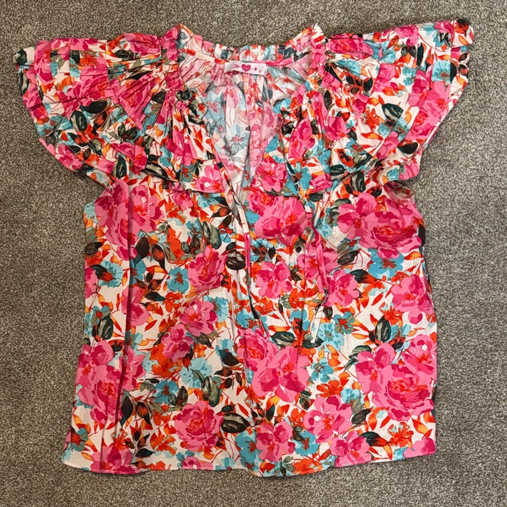 Buddy Love Vibrant Floral Blouse with Ruffle Sleeves